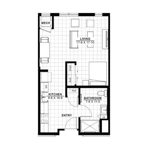 Floor plan for 1 bed, 1 bath